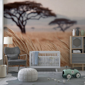 Natural wheat field mural wallpaper in cozy kids room with wooden furniture and soft lighting