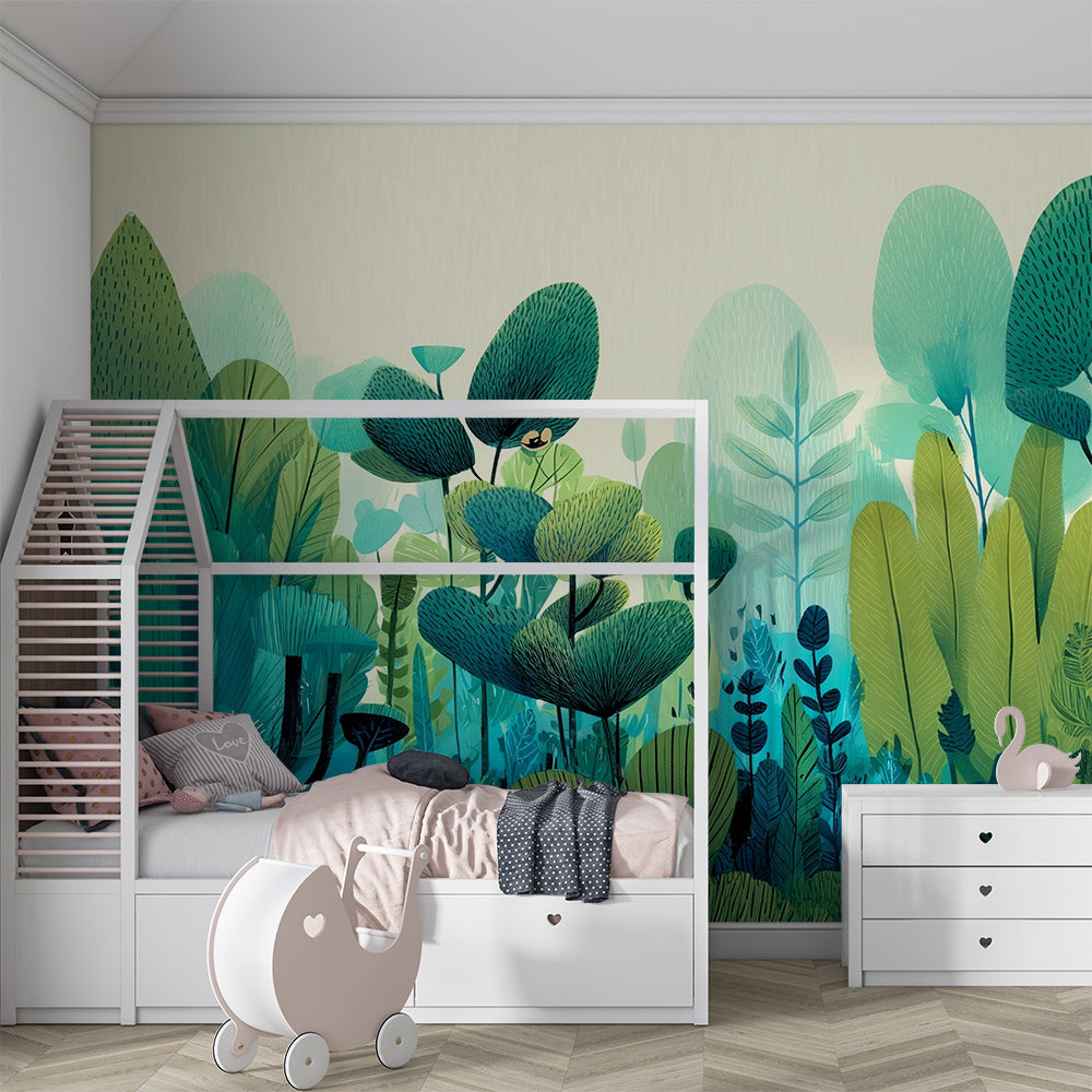 Kids-Mundo blue and green forest wall mural as a feature wall in a kids' bedroom