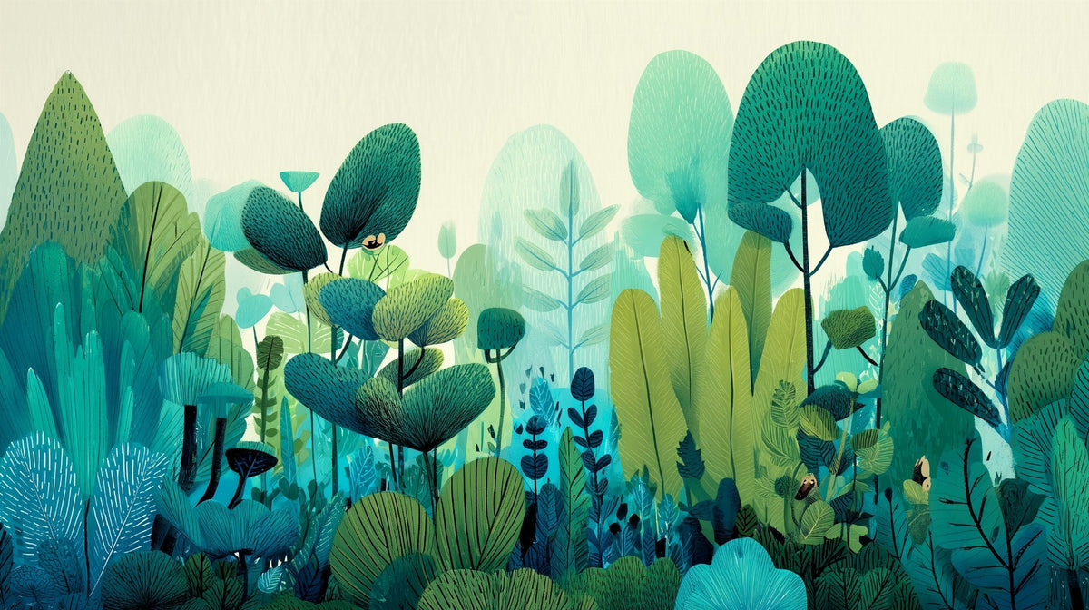 Whimsical Blue and Green Forest Wall Mural