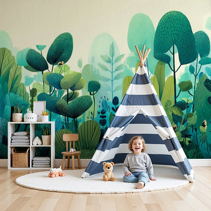 Kids-Mundo whimsical forest wall mural in blue and green tones in a bright nursery