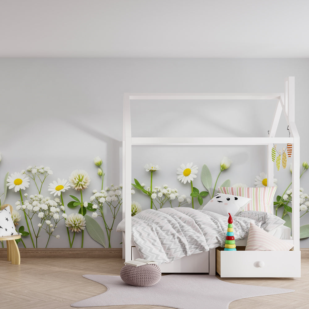 Delicate botanical mural wallpaper transforming toddler room into enchanted garden space