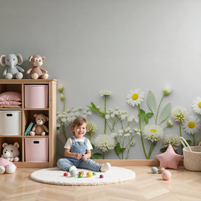 White floral mural wallpaper creating peaceful garden atmosphere in modern nursery by Kids-Mundo