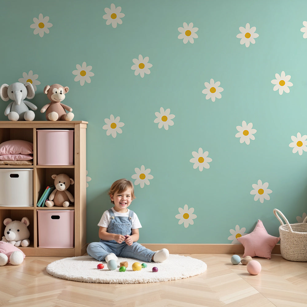 White flowers mural wallpaper on light blue background in peaceful kids nursery by Kids-Mundo