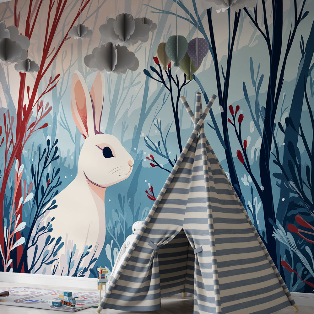 Forest animal mural wallpaper creating magical kids bedroom atmosphere with white rabbit design