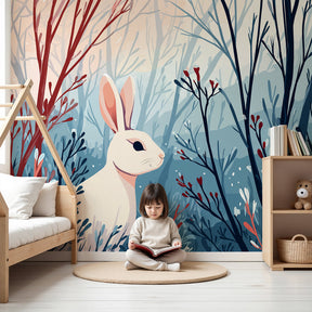 White rabbit enchanted forest mural wallpaper in modern nursery room by Kids-Mundo
