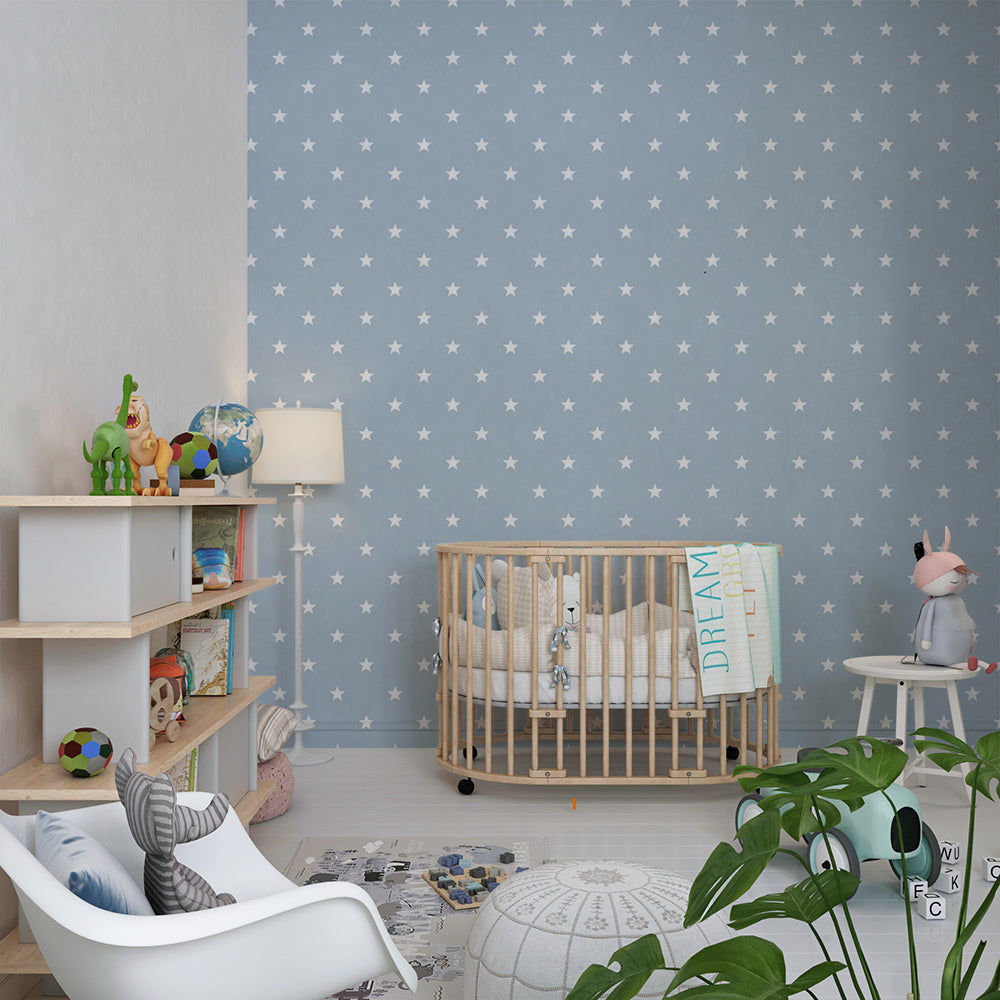 Kids-Mundo soft blue star wall mural featured in a peaceful children's bedroom