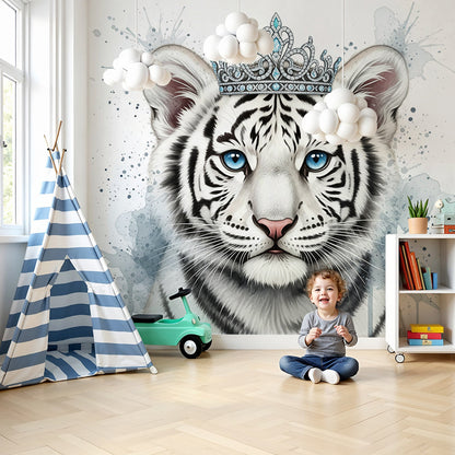 Kids-Mundo white tiger cub tiara wall mural in an elegant, calming nursery room