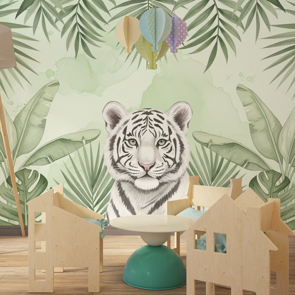 Tropical white tiger wallpaper creating serene jungle atmosphere in children's bedroom