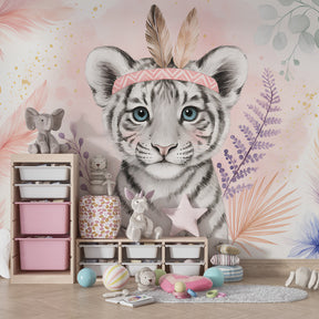 Elegant white tiger wallpaper in pastel pink children's bedroom setting with natural decor