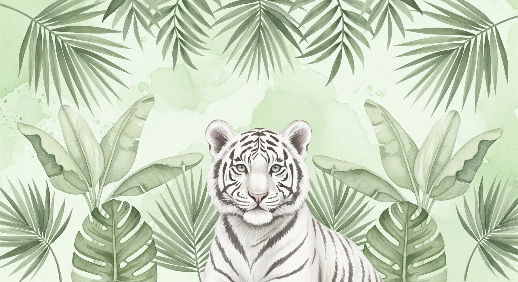 Detailed white tiger jungle mural wallpaper design pattern with tropical foliage by Kids-Mundo