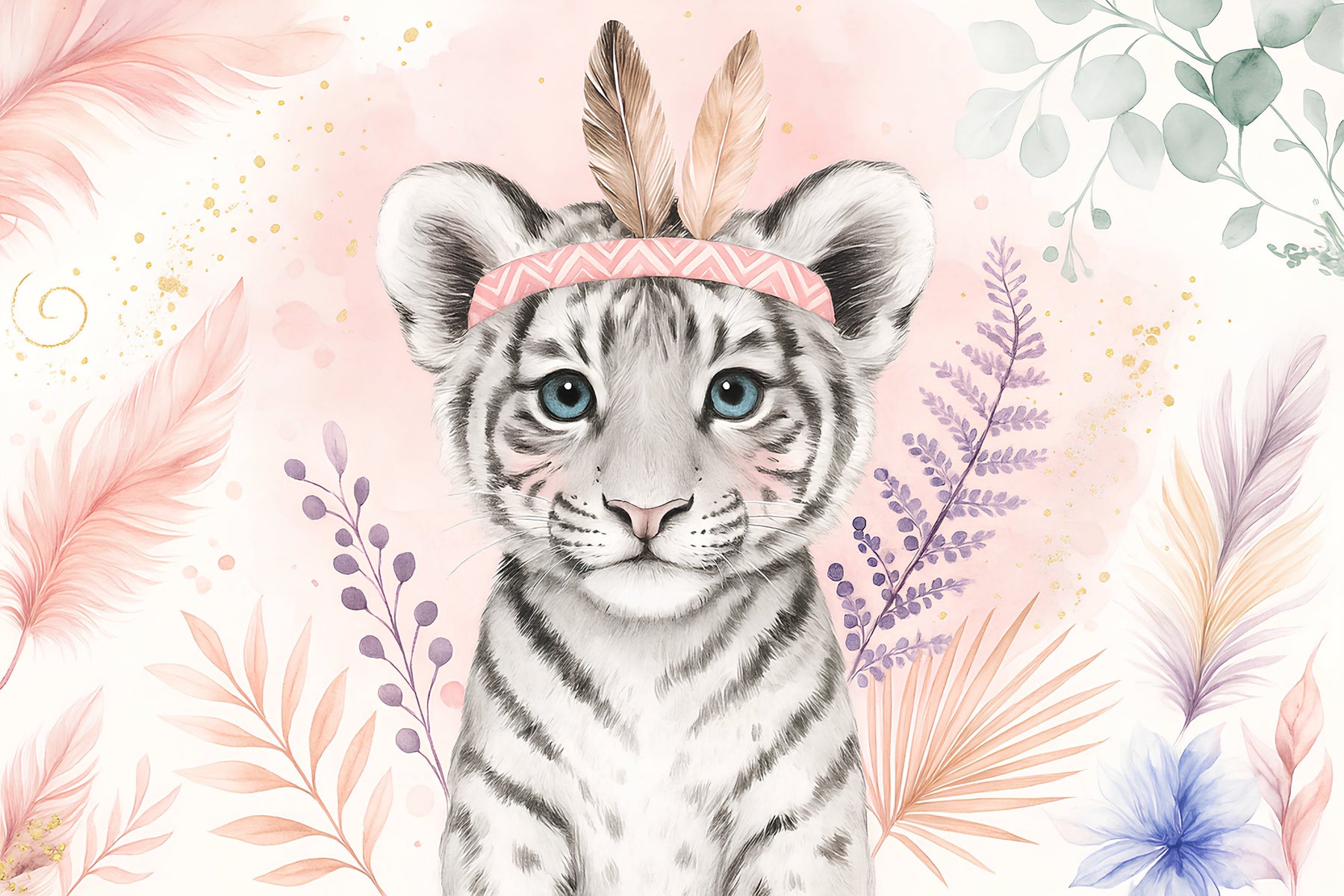 Detailed white tiger with feather crown mural wallpaper design pattern by Kids-Mundo