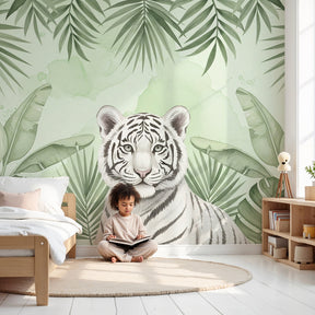 White tiger jungle mural wallpaper in modern nursery room with natural wood furniture by Kids-Mundo