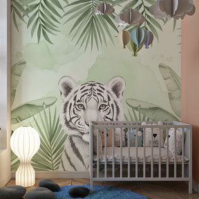 Jungle themed mural wallpaper with white tiger and tropical leaves for kids room decor