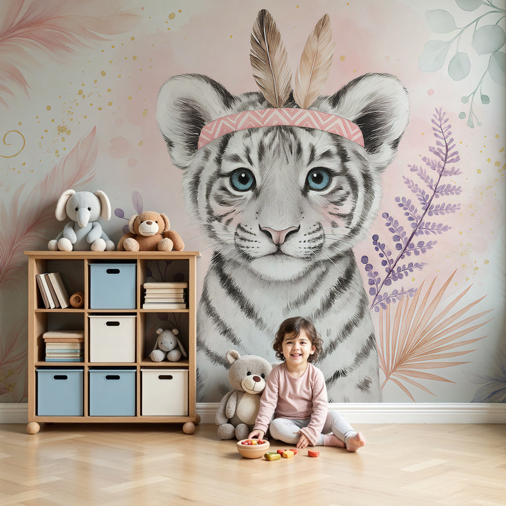 White tiger mural wallpaper with feather crown creating magical nursery decor by Kids-Mundo