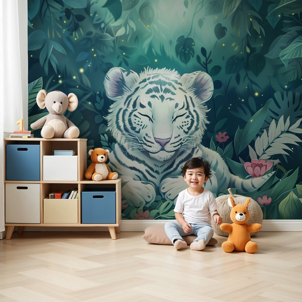 White tiger jungle mural wallpaper creating peaceful nursery decor by Kids-Mundo