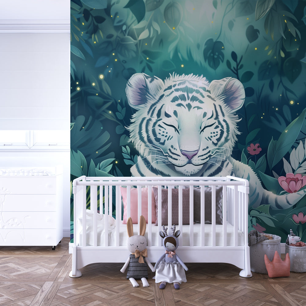 Jungle animal mural wallpaper featuring white tiger in luminous playroom by Kids-Mundo