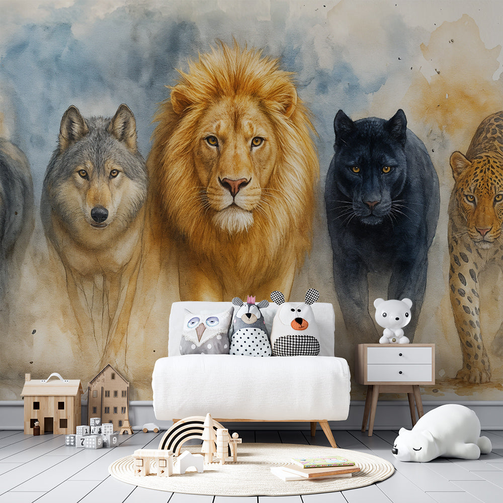 Safari themed bedroom featuring artistic wild animals wallpaper with leopard and panther designs