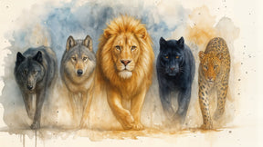 Detailed artistic wild animals mural wallpaper design pattern featuring lion, wolf, leopard and panther by Kids-Mundo