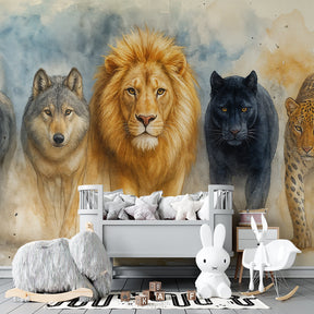 Children's playroom decorated with educational wild animals mural wallpaper by Kids-Mundo