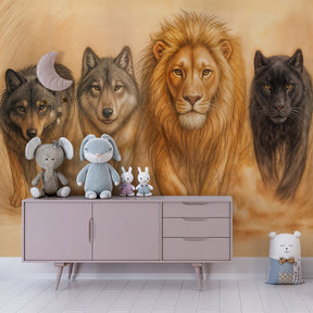 Educational wild animals wallpaper featuring predators in children's playroom setting