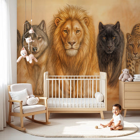 Wild animals mural wallpaper with lion and predators in modern kids bedroom by Kids-Mundo