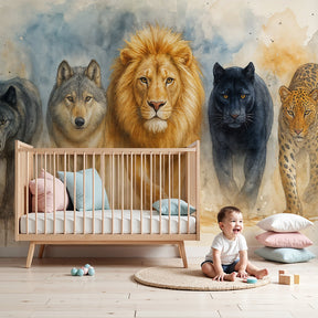 Wild animals mural wallpaper with lions and wolves in modern kids nursery by Kids-Mundo