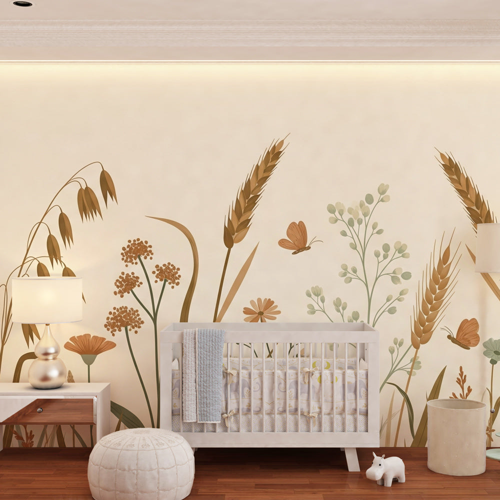 Kids-Mundo meadow grasses wall mural covering a feature wall in a calm kids bedroom.