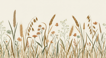 Kids-Mundo flat artwork of tall wild grasses, wheat and wildflowers in golden and sage tones.