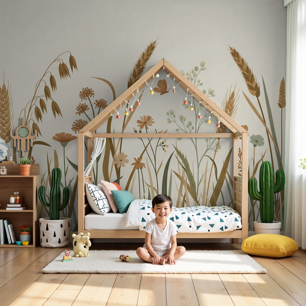 Kids-Mundo wild meadow grasses wall mural styled behind a cot in a natural nursery.