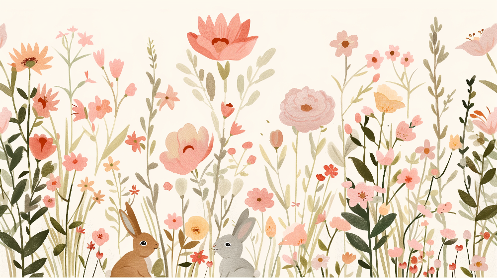 Kids-Mundo flat artwork of a pastel wildflower meadow with a brown bunny and a grey bunny.