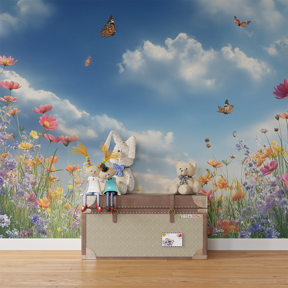 Kids-Mundo floral wall mural bringing a sunny wildflower meadow to a kids' bedroom
