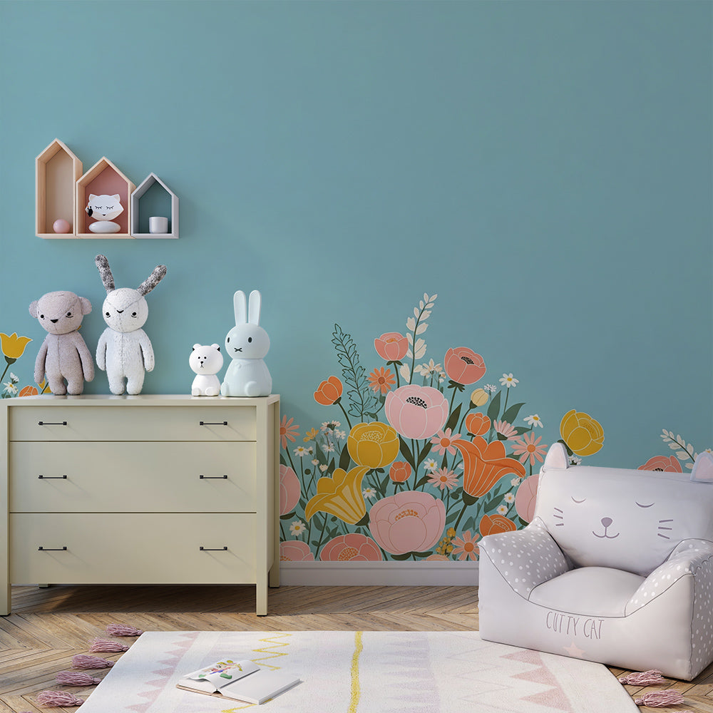 Kids-Mundo wildflower wall mural styled on a kids bedroom feature wall
