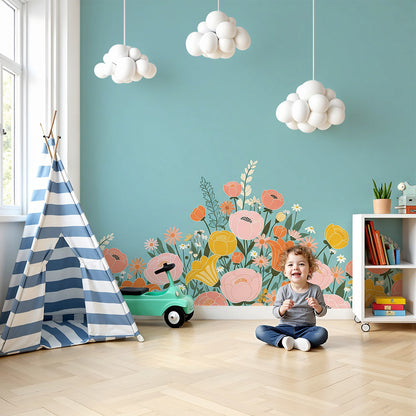 Kids-Mundo floral wall mural with a colourful wildflower border in a nursery