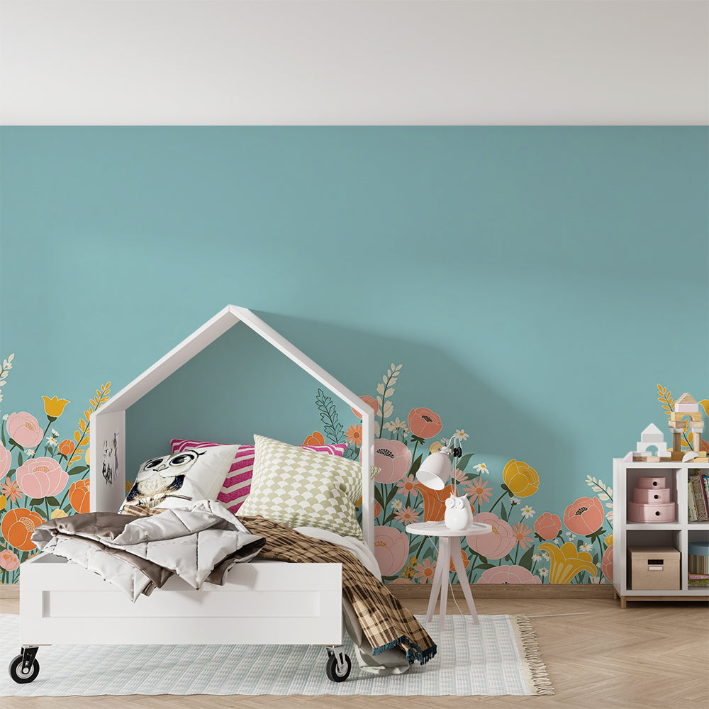 Kids-Mundo floral wall mural bringing a colourful meadow border to a playroom