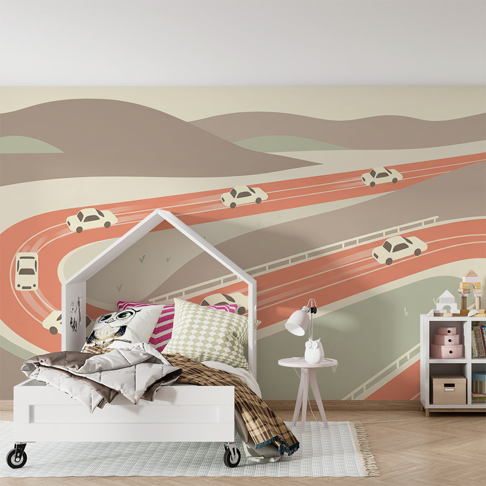Kids-Mundo retro car and highway mural mockup on a kids bedroom feature wall