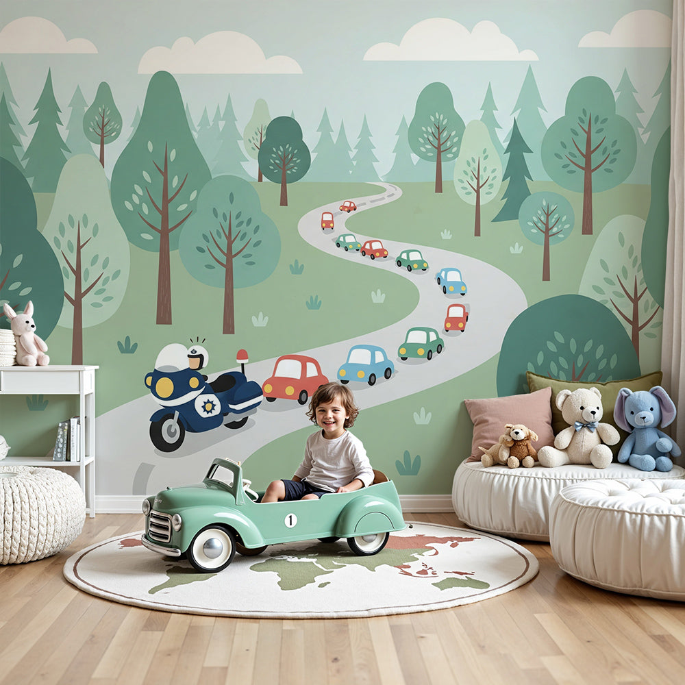 Kids-Mundo cars wall mural with a winding road printed behind a cot in a nursery