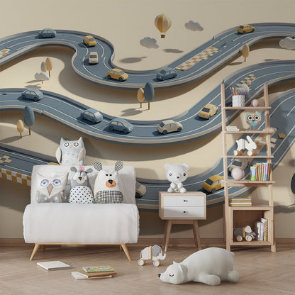 Kids-Mundo car race track wall mural styled on a feature wall in a kids bedroom