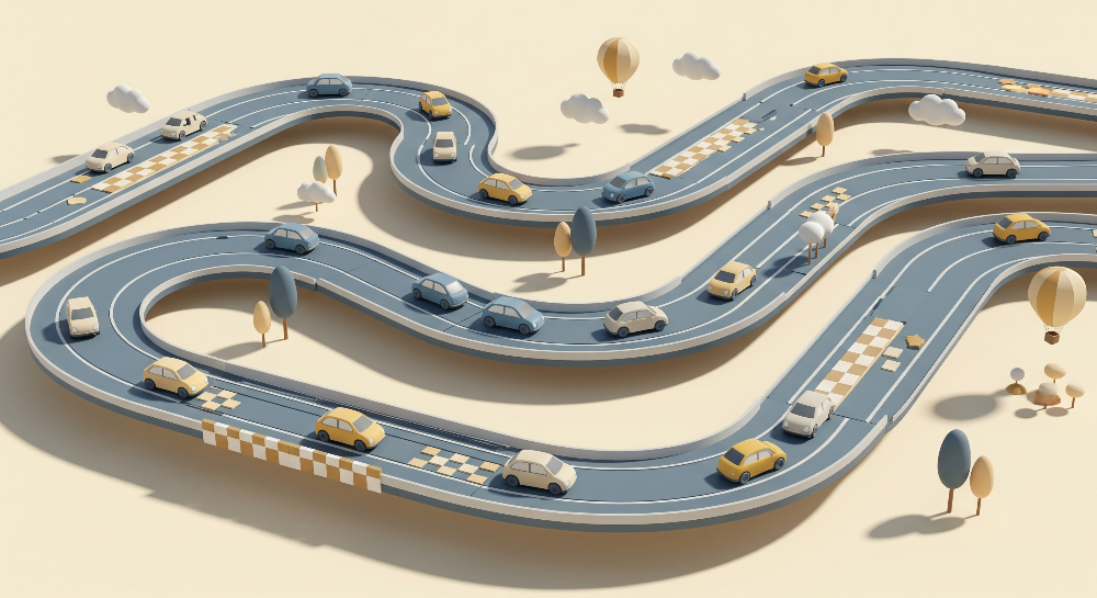 Kids-Mundo flat artwork of the winding toy car race track wall mural design