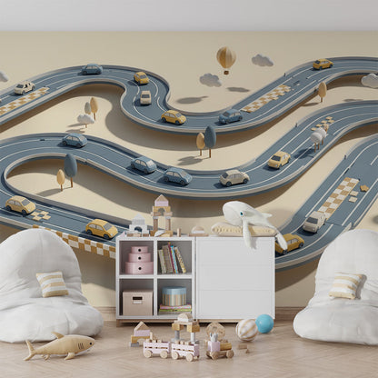 Kids-Mundo toy car race track mural brightening a playroom accent wall for children