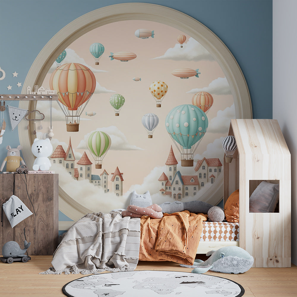 Kids-Mundo hot air balloon village wall mural brightening a playroom wall for children