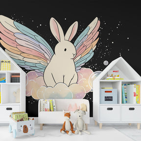 Dreamy rabbit mural wallpaper transforming kids playroom with enchanting bubble theme by Kids-Mundo