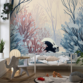 Snowy forest mural wallpaper creating magical winter atmosphere in children's bedroom