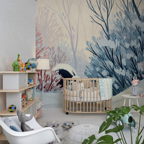 Animal-themed winter wallpaper with skunk character for cozy kids room decor