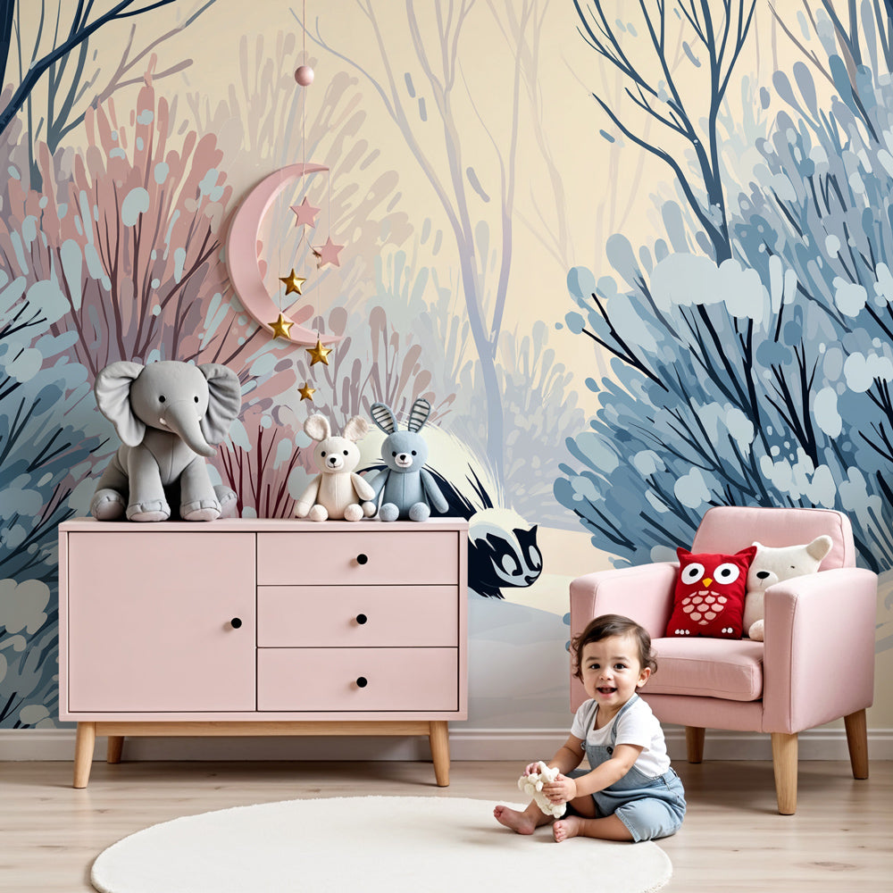 Winter adventure mural wallpaper with cute skunk in snowy forest for nursery by Kids-Mundo