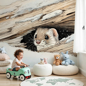 Winter pine marten mural wallpaper in cozy children's nursery with natural decor by Kids-Mundo