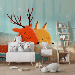 Fox and deer winter fairytale mural wallpaper decorating modern children's bedroom