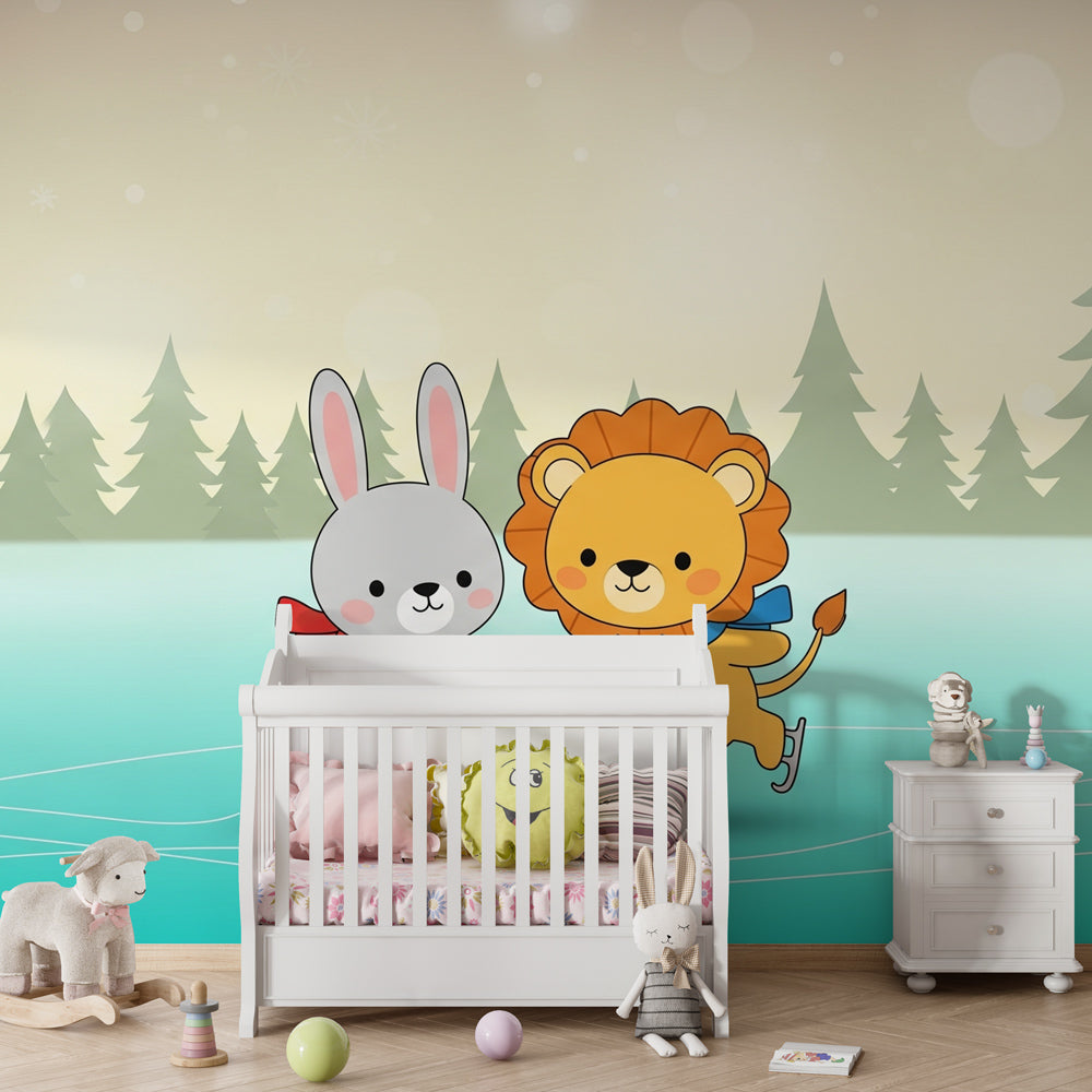 Rabbit and lion ice skating wallpaper creating magical winter atmosphere in children's bedroom