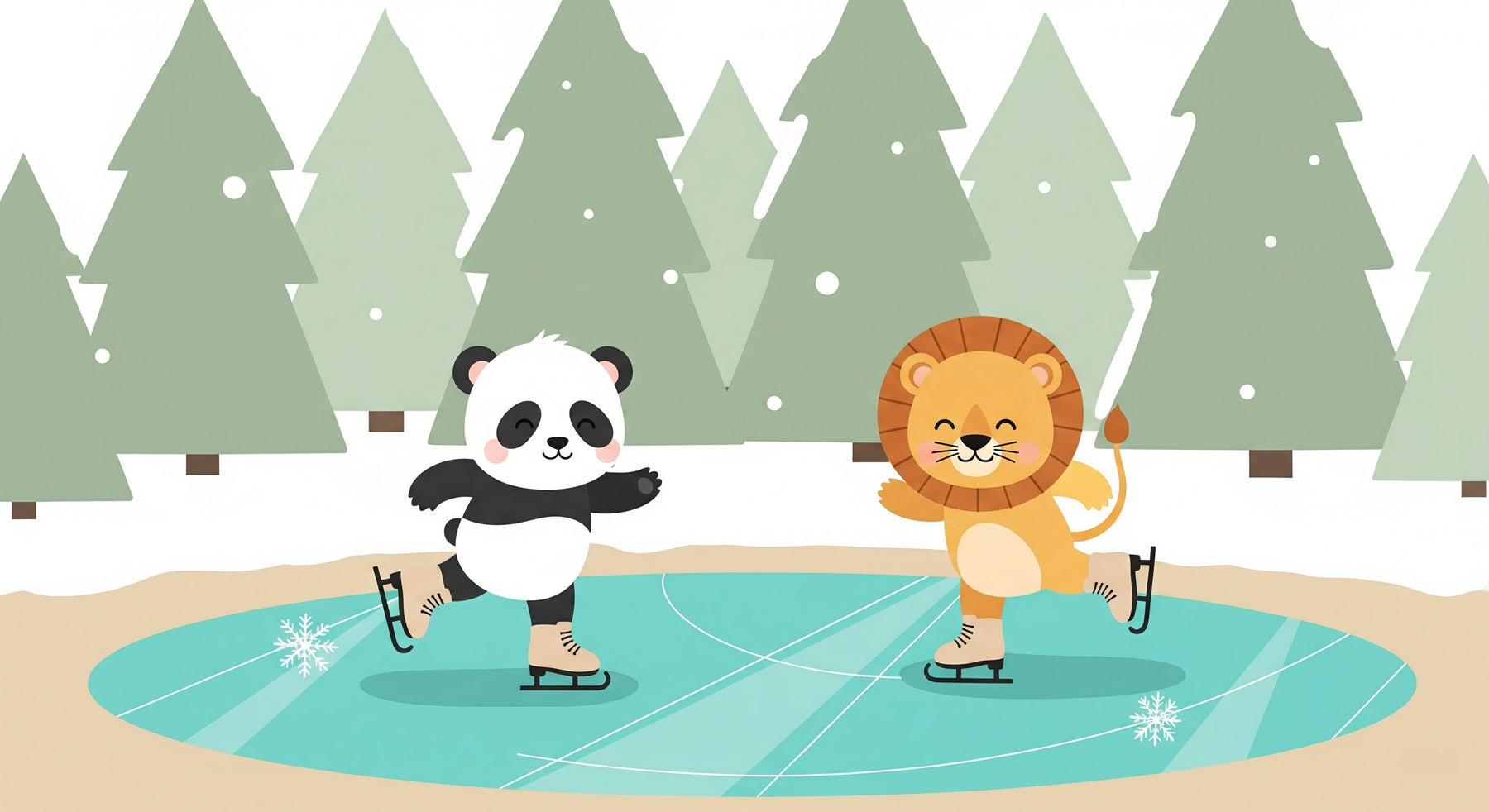Detailed winter animals mural wallpaper design pattern showing ice skating panda and lion by Kids-Mundo