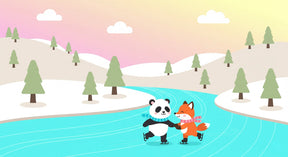 Detailed winter animals mural wallpaper design pattern with ice skating panda and fox by Kids-Mundo