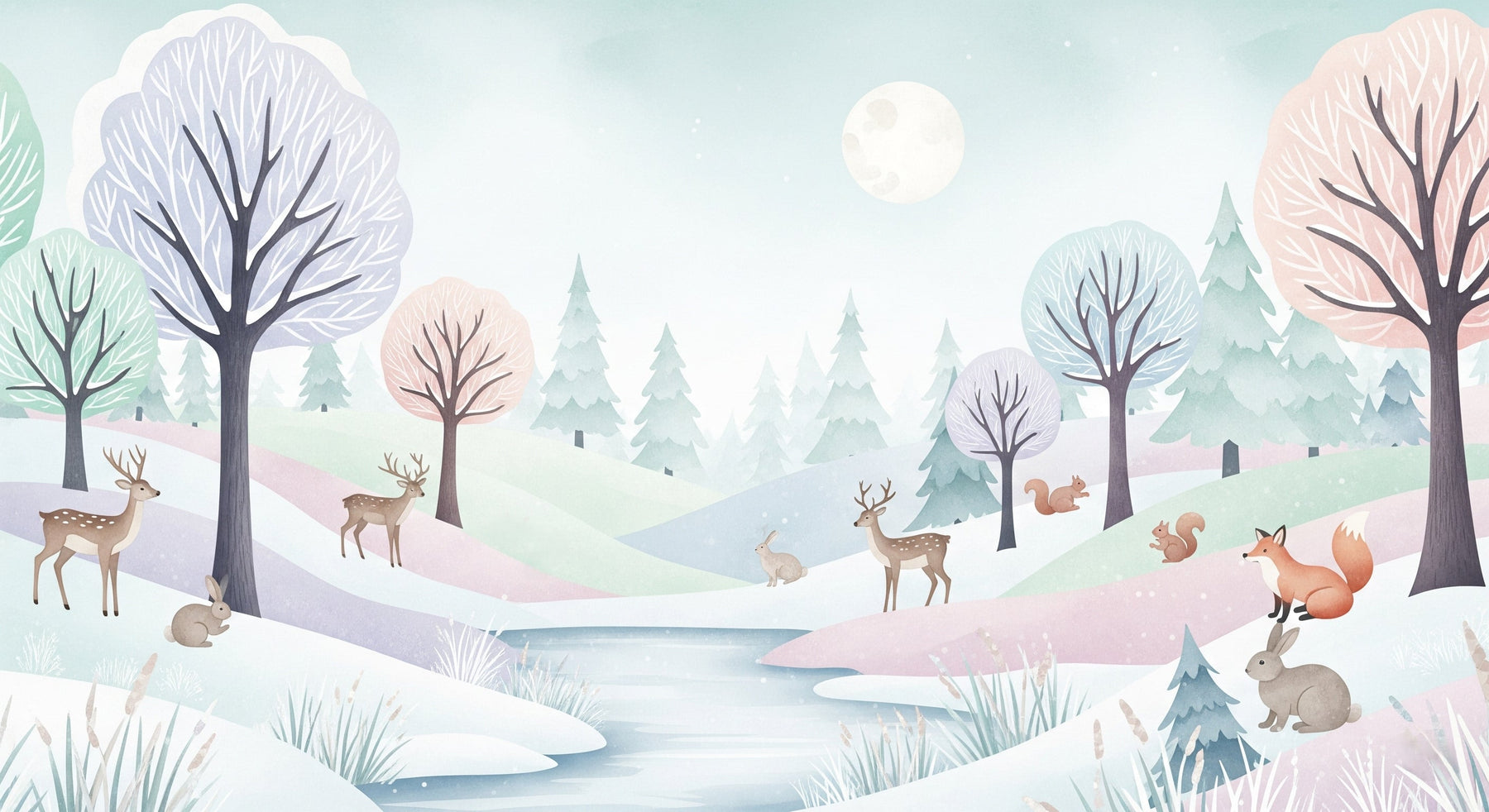 Detailed winter animals mural wallpaper design pattern showing forest creatures by Kids-Mundo
